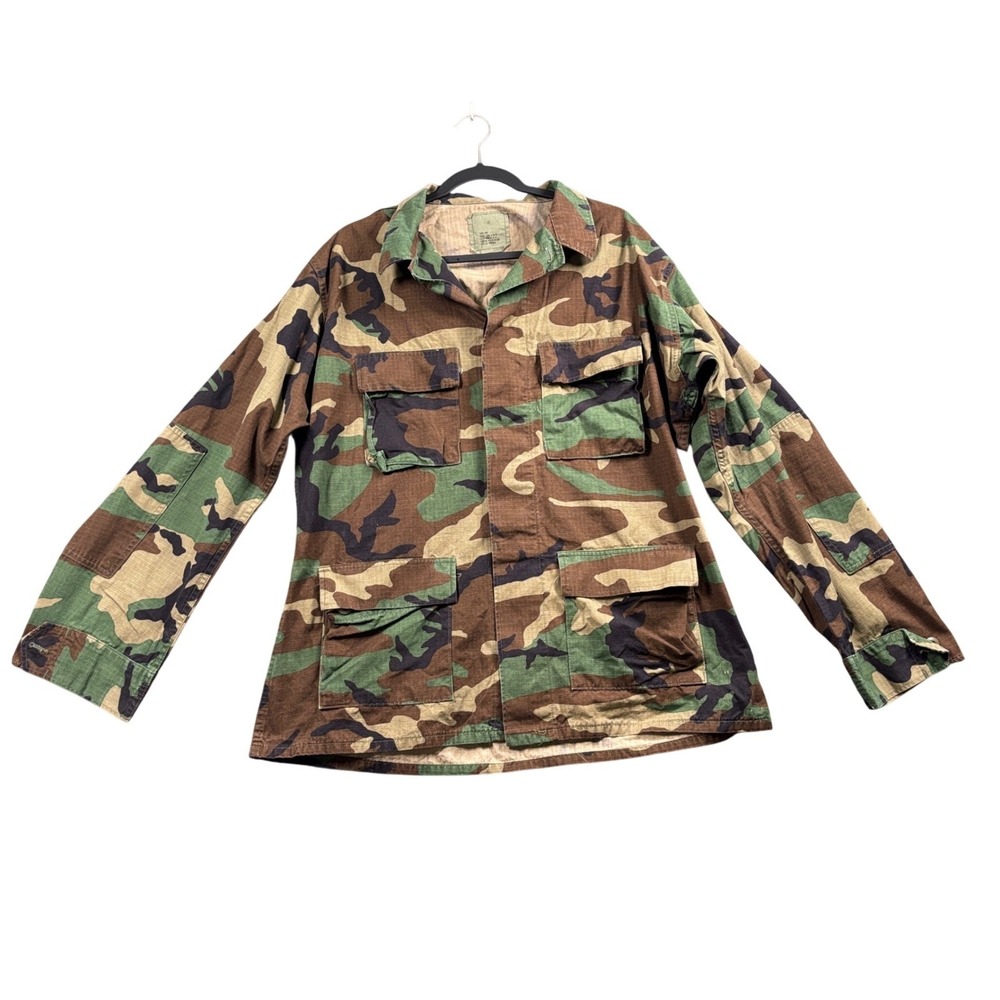 Military Style Woodland Camo BDU Jacket Mens L Long Utility Coat Grunge Ripstop